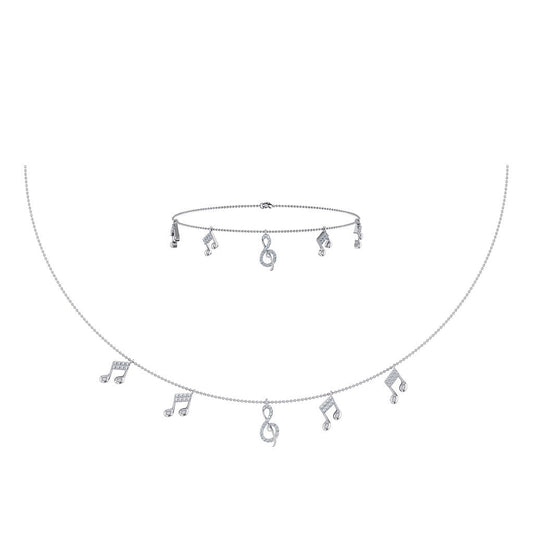 14K White Gold Music Note Necklace Bracelet Set 1/3 Ctw