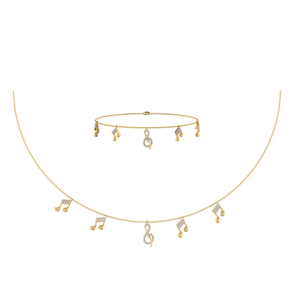 14K Yellow Gold Music Note Necklace Bracelet Set 1/3 Ctw