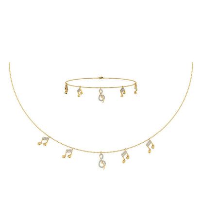 14K Yellow Gold Music Note Necklace Bracelet Set 1/3 Ctw