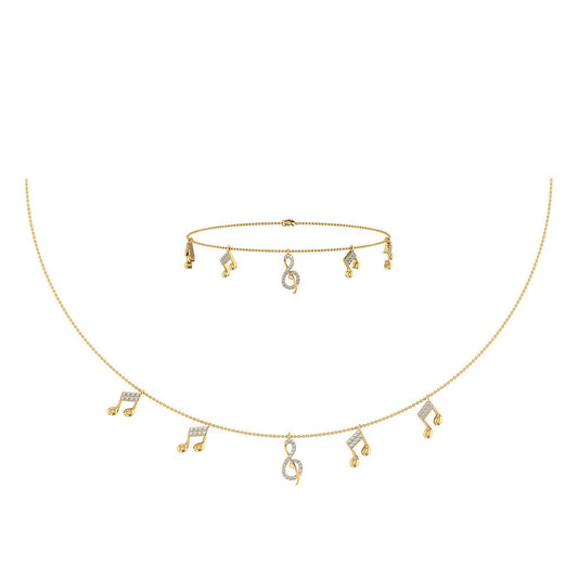 14K Yellow Gold Music Note Necklace Bracelet Set 1/3 Ctw