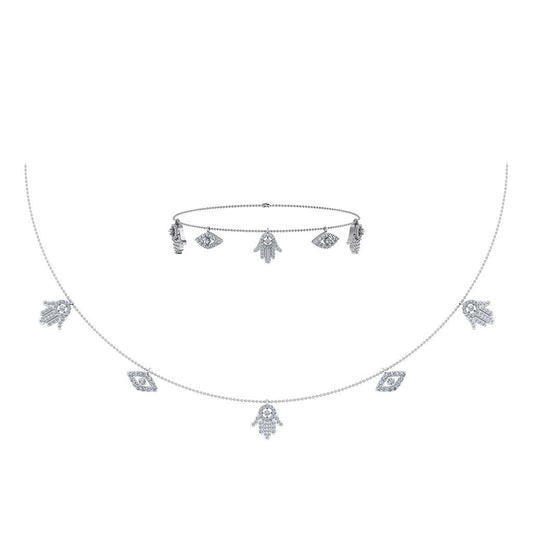14K White Gold Hamsa Hand Evil Eye Necklace Bracelet Set 1-1/4 Ctw