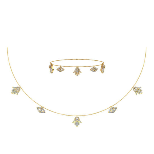 14K Yellow Gold Hamsa Hand Evil Eye Necklace Bracelet Set 1-1/4 Ctw