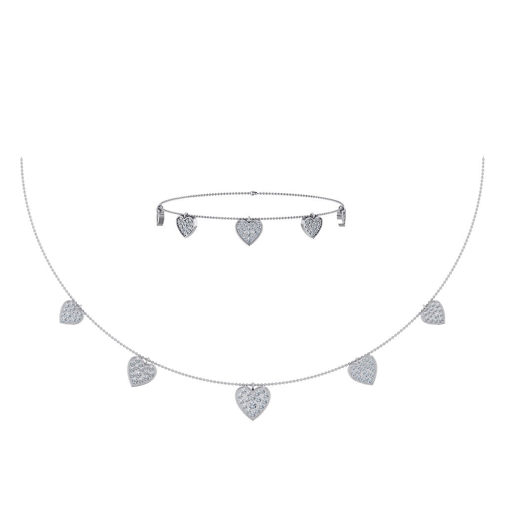 14K White Gold Heart Necklace Bracelet Set 1-3/4 Ctw