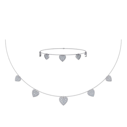 14K White Gold Heart Necklace Bracelet Set 1-3/4 Ctw