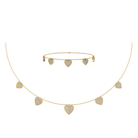 14K Yellow Gold Heart Necklace Bracelet Set 1-3/4 Ctw