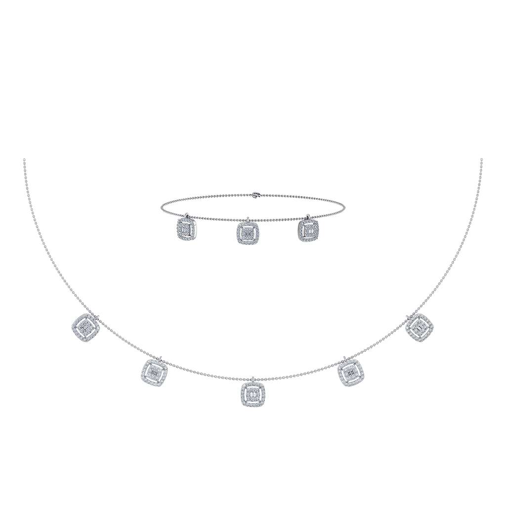 14K White Gold Square Necklace Bracelet Set 1-1/3 Ctw
