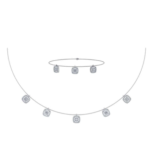 14K White Gold Square Necklace Bracelet Set 1-1/3 Ctw