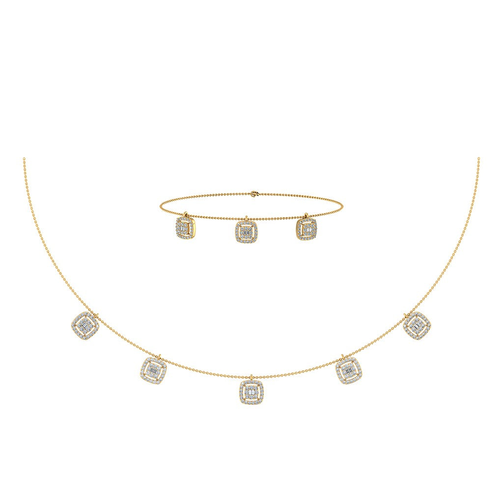 14K Yellow Gold Square Necklace Bracelet Set 1-1/3 Ctw