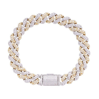 Sterling Silver Round Big Stone in Center Surrounded with Small Stones 10mm Moissanite Cuban Chain 8 Inch Bracelet 6-7/8 Ctw