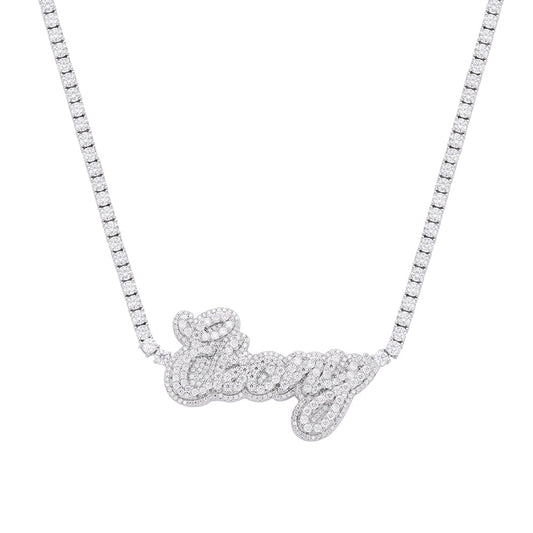 Sterling Silver Round Moissanite Ebony Word Designer 18 Inch Necklace 16-1/8 Ctw