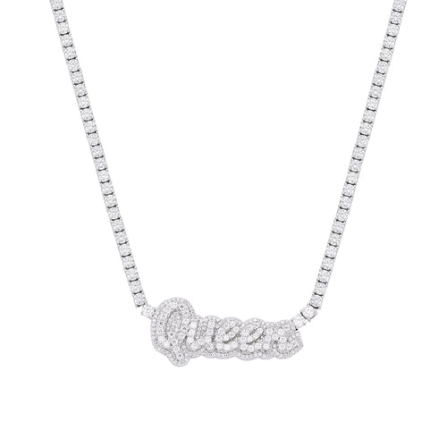 Sterling Silver Round Moissanite Queen Word Designer 18 Inch Necklace 15-5/8 Ctw