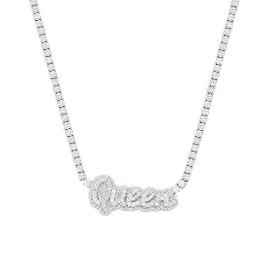 Sterling Silver Round Moissanite Queen Word Designer 18 Inch Necklace 15-5/8 Ctw