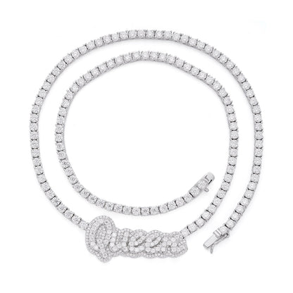 Sterling Silver Round Moissanite Queen Word Designer 18 Inch Necklace 15-5/8 Ctw