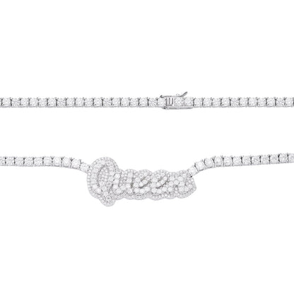 Sterling Silver Round Moissanite Queen Word Designer 18 Inch Necklace 15-5/8 Ctw