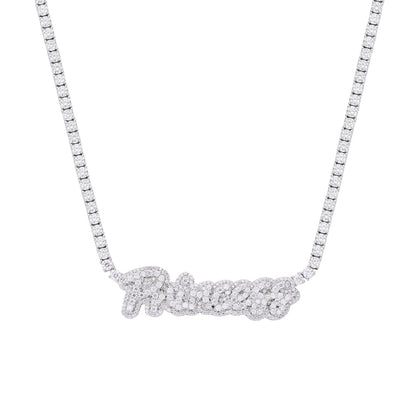 Sterling Silver Round Moissanite Princess Word Designer 18 Inch Necklace 15-3/4 Ctw