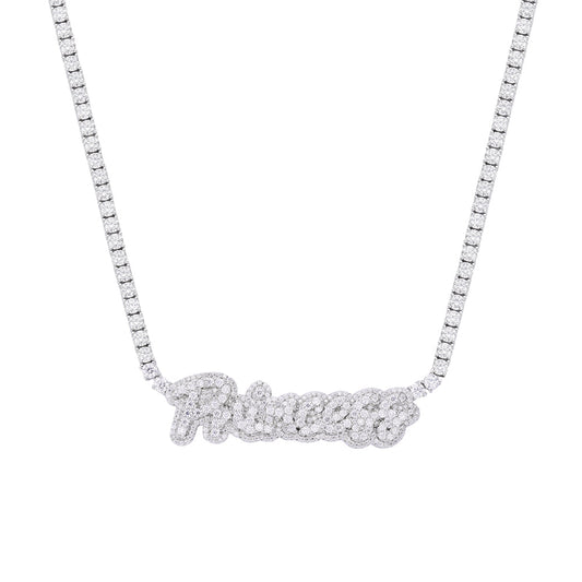 Sterling Silver Round Moissanite Princess Word Designer 18 Inch Necklace 15-3/4 Ctw