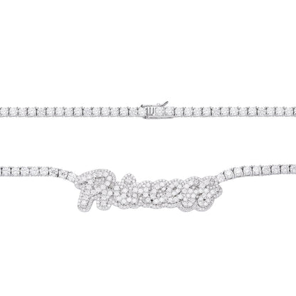 Sterling Silver Round Moissanite Princess Word Designer 18 Inch Necklace 15-3/4 Ctw
