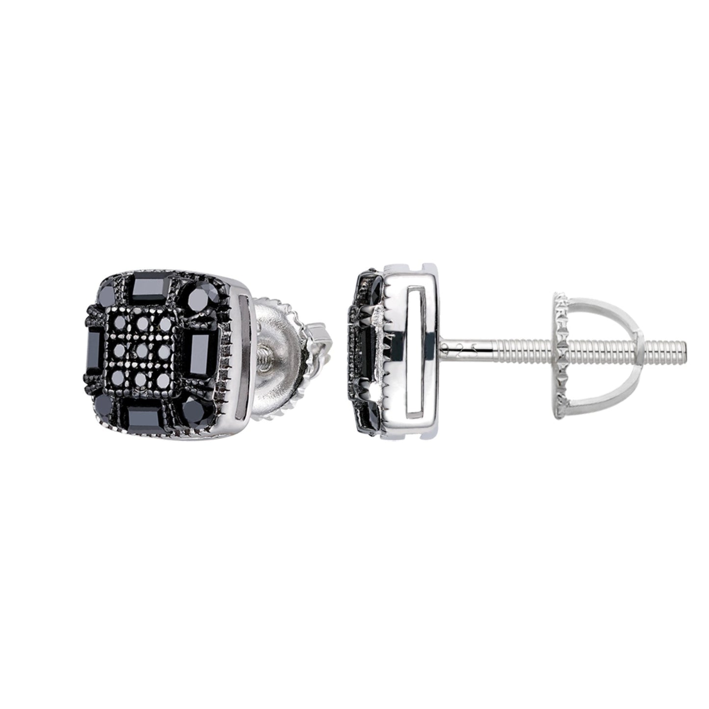 Sterling Silver Round Baguette Black Moissanite Square Shape Stud Earrings 3/4 Ctw