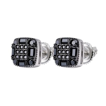 Sterling Silver Round Baguette Black Moissanite Square Shape Stud Earrings 3/4 Ctw