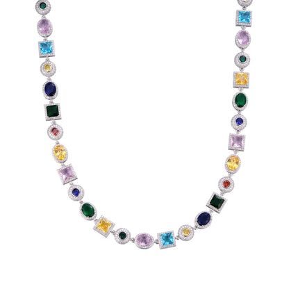 Sterling Silver Moissanite Round with Color Stone Designer 22 Inch Necklace 13-1/3 Ctw