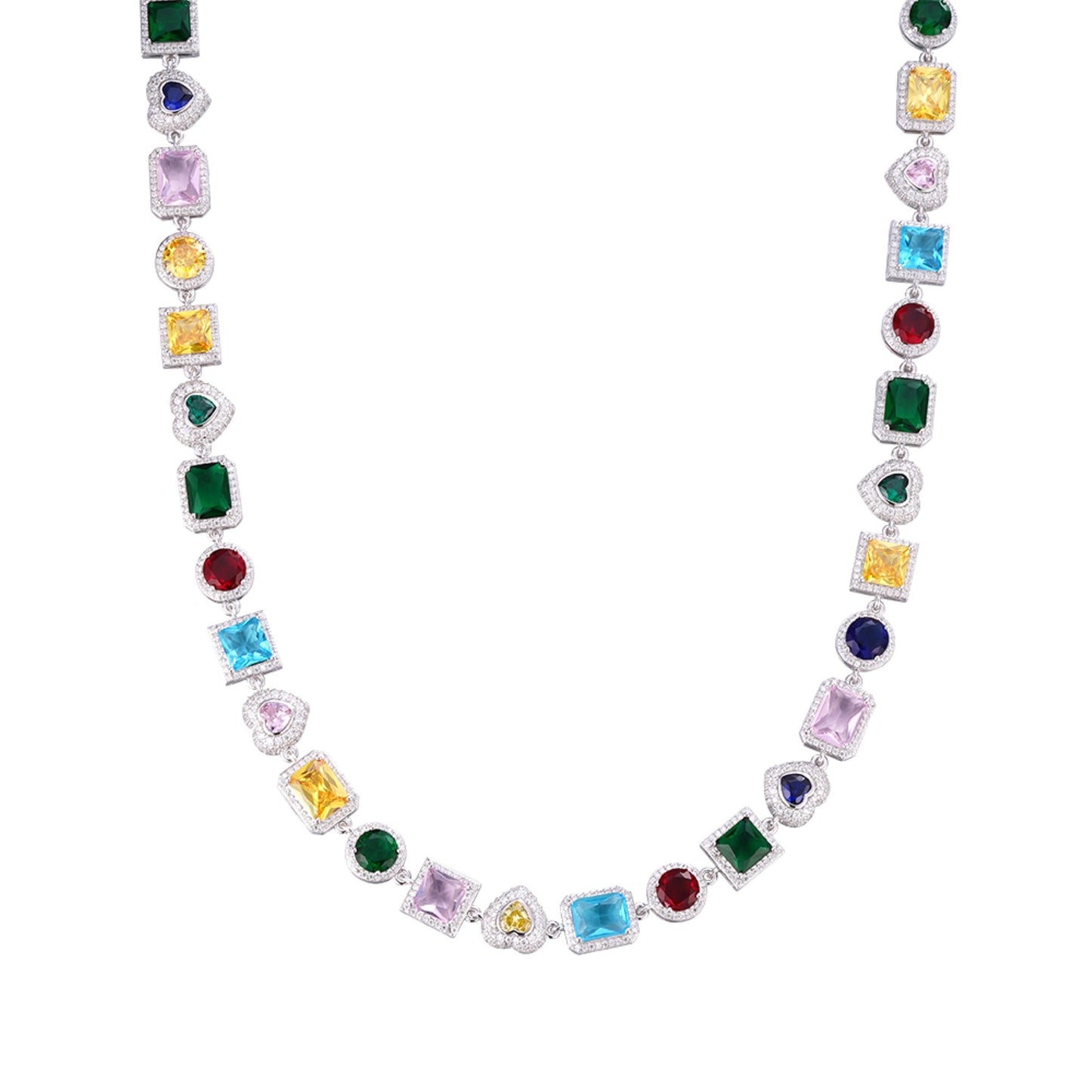 Sterling Silver Round Moissanite Heart with Color Stone Designer 22 Inch Necklace 10-7/8 Ctw
