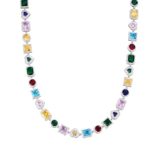 Sterling Silver Round Moissanite Heart with Color Stone Designer 22 Inch Necklace 10-7/8 Ctw