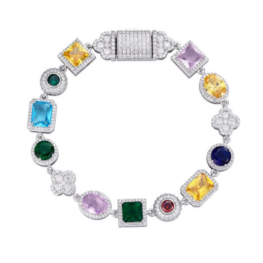 Sterling Silver Round Moissanite 4 Stone Flower with Color Stone Designer 8 Inch Bracelet 4-7/8 Ctw