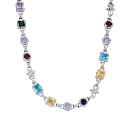 Sterling Silver Round Moissanite Star with Color Stone Designer 22 Inch Necklace 15-1/2 Ctw