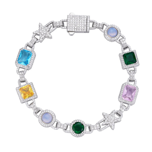 Sterling Silver Round Moissanite Star with Color Stone Designer 8 Inch Bracelet 5-1/3 Ctw