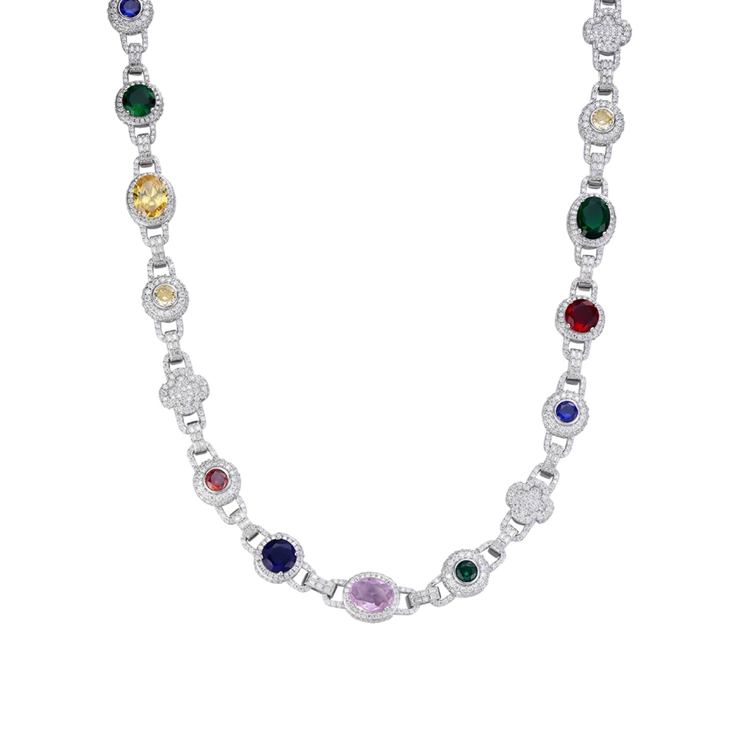 Sterling Silver Round Moissanite with Color Stone Designer 22 Inch Necklace 17-5/8 Ctw