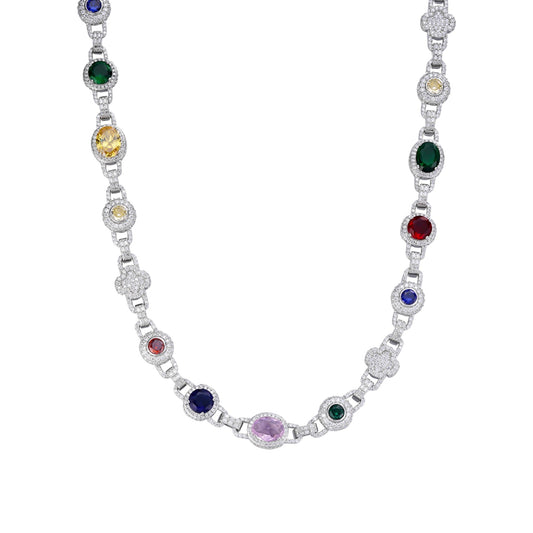Sterling Silver Round Moissanite with Color Stone Designer 22 Inch Necklace 17-5/8 Ctw