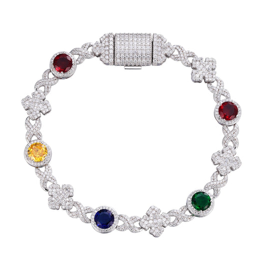 Sterling Silver Round Moissanite Cross Infinity with Color Stone Designer 8 Inch Bracelet 5 Ctw