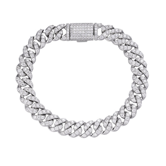 Sterling Silver 10mm Round Moissanite 1 Row Cuban 8 Inch Bracelet 8-1/4 Ctw