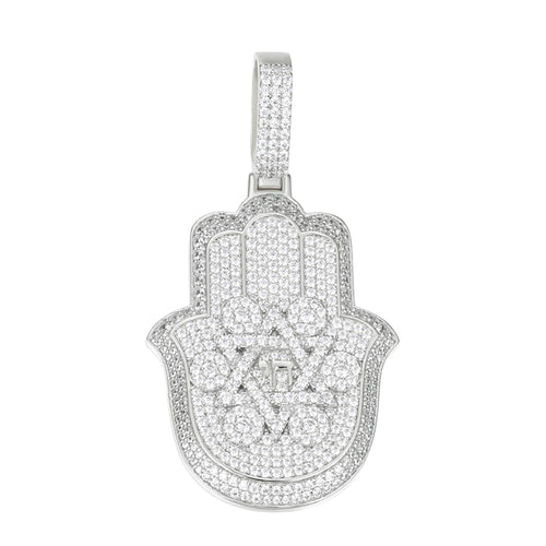 Sterling Silver Round Moissanite Hamza Hand Religious Pendant 3-5/8 Ctw