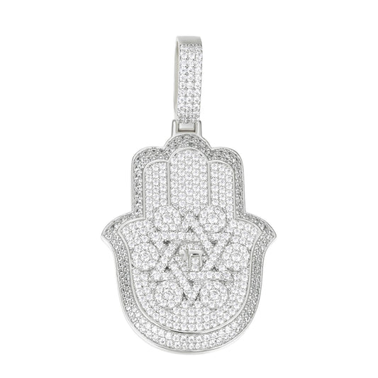 Sterling Silver Round Moissanite Hamza Hand Religious Pendant 3-5/8 Ctw