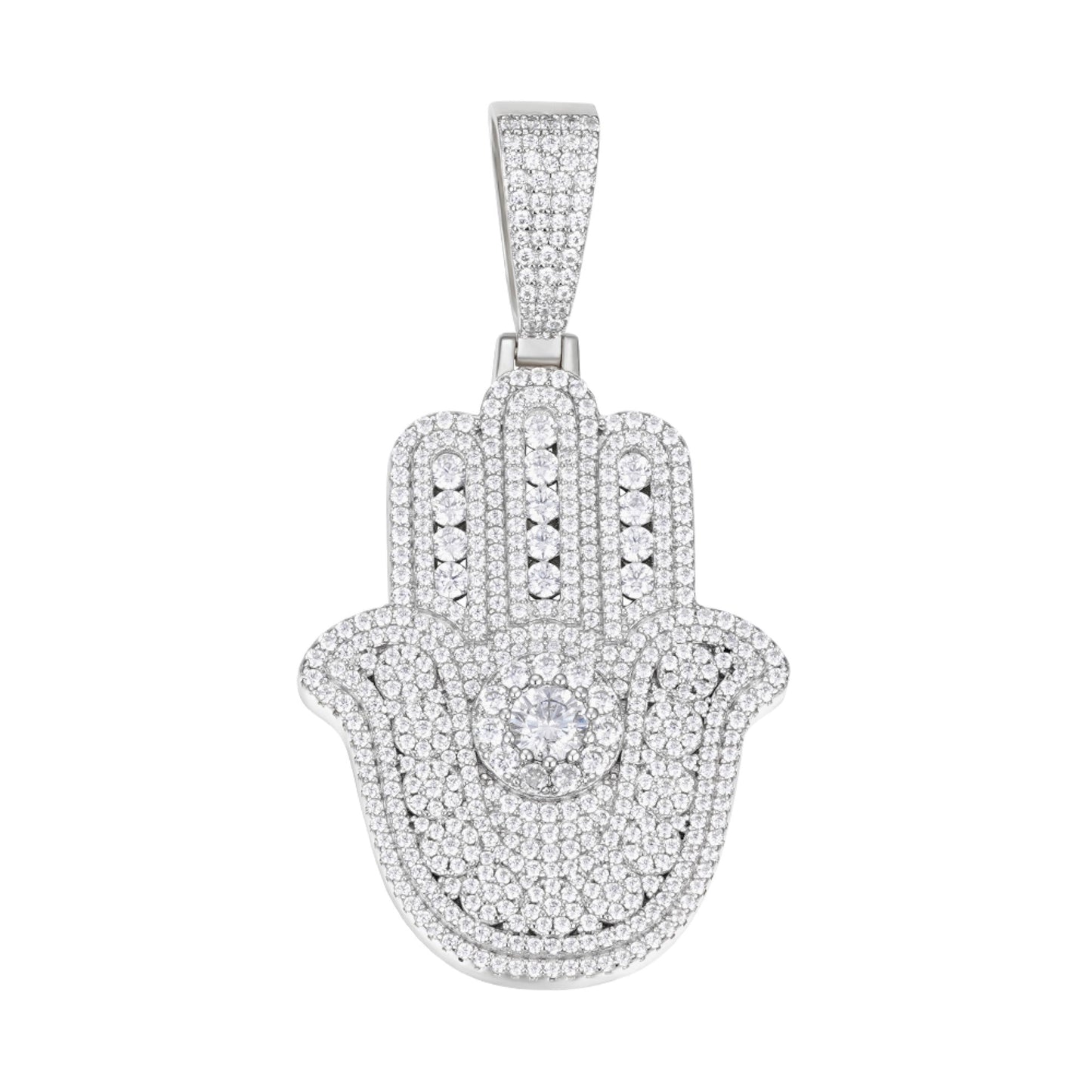 Sterling Silver Round Moissanite Hamza Hand Religious Pendant 4-3/8 Ctw