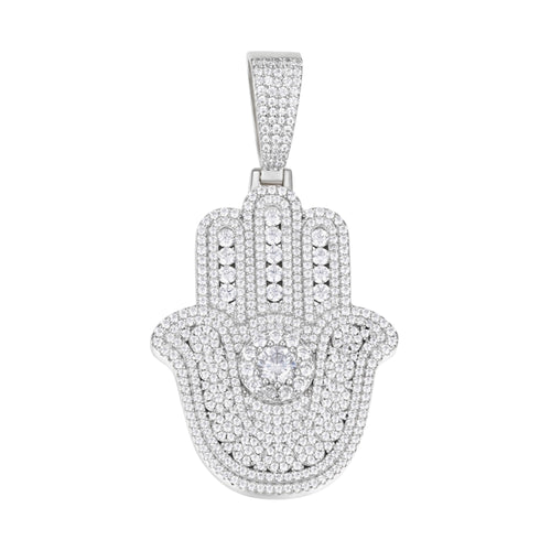Sterling Silver Round Moissanite Hamza Hand Religious Pendant 4-3/8 Ctw