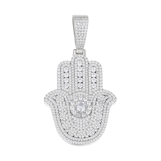 Sterling Silver Round Moissanite Hamza Hand Religious Pendant 4-3/8 Ctw