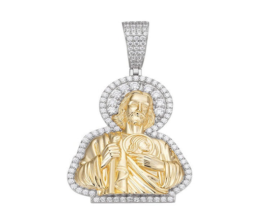Sterling Silver 45mm Round Moissanite Jesus Religious Pendant 3-3/4 Ctw