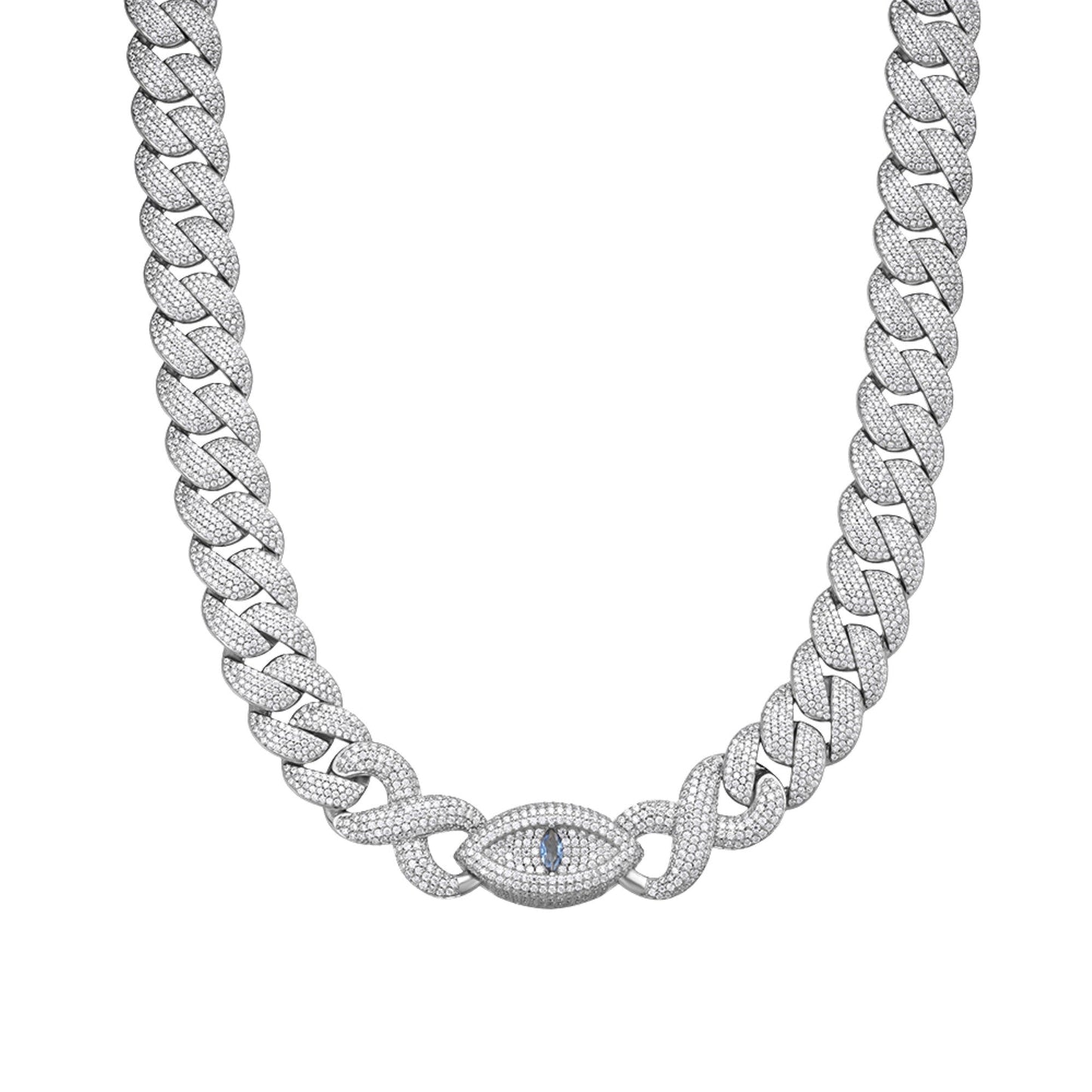 Sterling Silver Round Moissanite 18mm Inifinity Cuban With Evil Eye Designer 22 Inch Men Necklace 35-3/4 Ctw