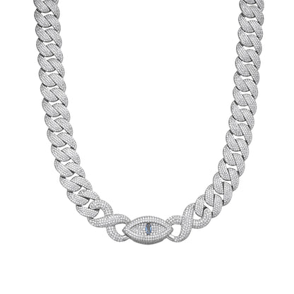 Sterling Silver Round Moissanite 18mm Inifinity Cuban With Evil Eye Designer 22 Inch Men Necklace 35-3/4 Ctw