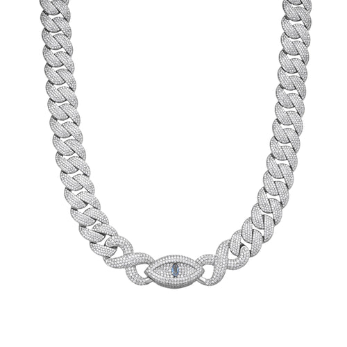 Sterling Silver Round Moissanite 18mm Inifinity Cuban With Evil Eye Designer 22 Inch Men Necklace 35-3/4 Ctw
