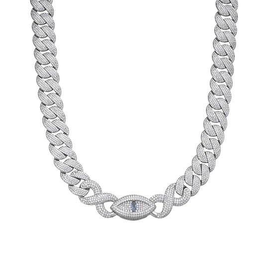 Sterling Silver Round Moissanite 18mm Inifinity Cuban With Evil Eye Designer 22 Inch Men Necklace 35-3/4 Ctw