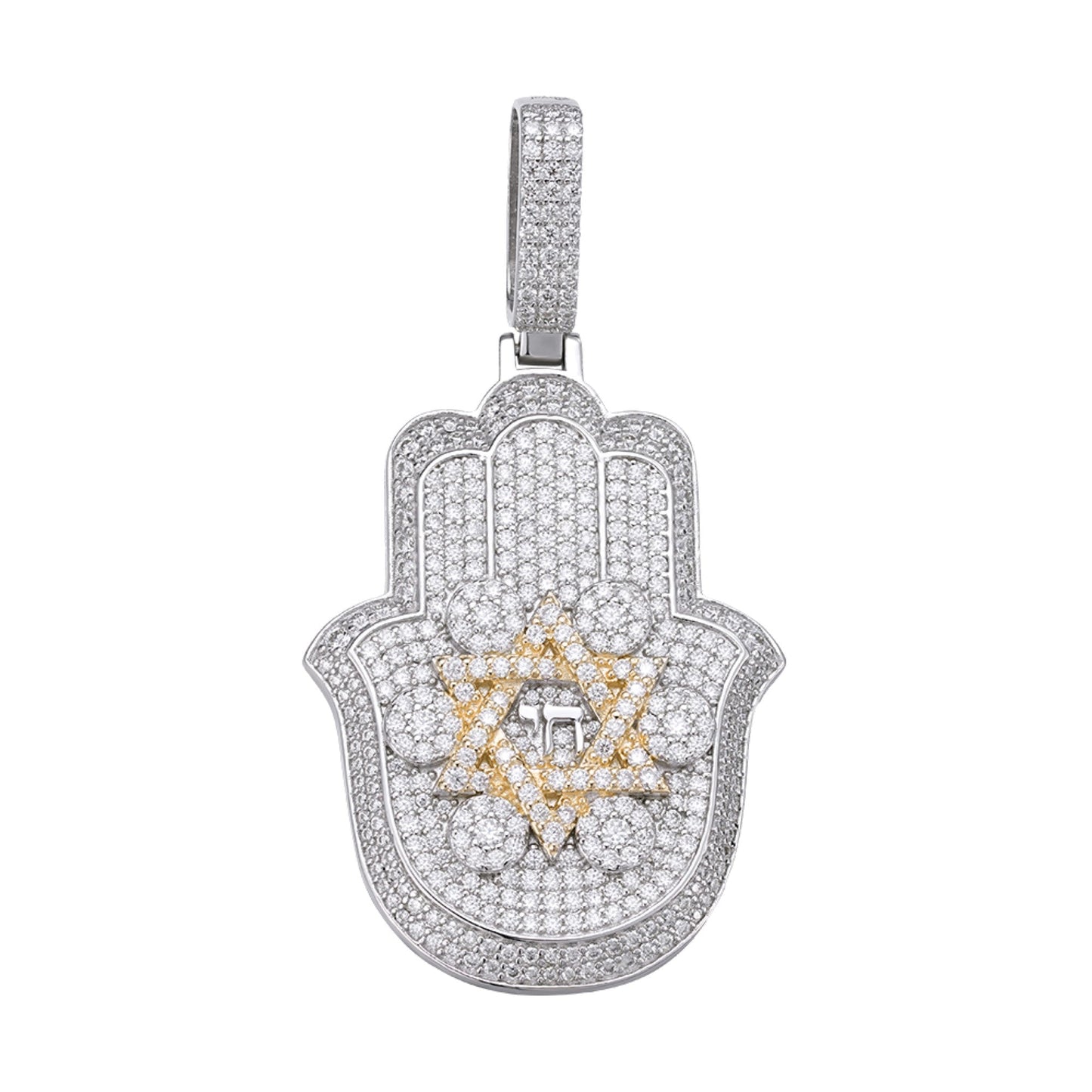 Sterling Silver Round Moissanite Hamza Hand Religious Pendant 3-5/8 Ctw