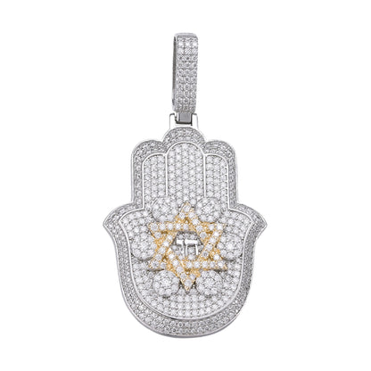 Sterling Silver Round Moissanite Hamza Hand Religious Pendant 3-5/8 Ctw