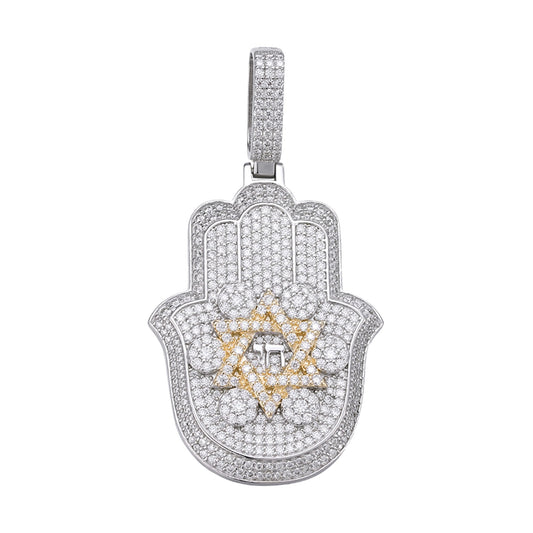 Sterling Silver Round Moissanite Hamza Hand Religious Pendant 3-5/8 Ctw