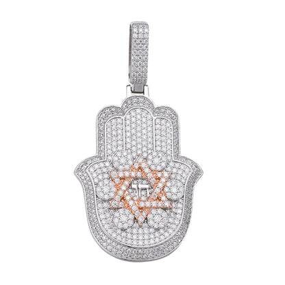 Sterling Silver Round Moissanite Hamza Hand Religious Pendant 3-5/8 Ctw