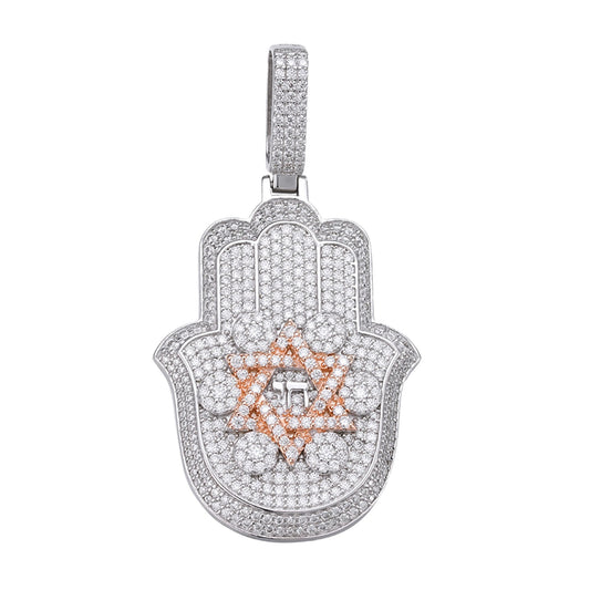 Sterling Silver Round Moissanite Hamza Hand Religious Pendant 3-5/8 Ctw