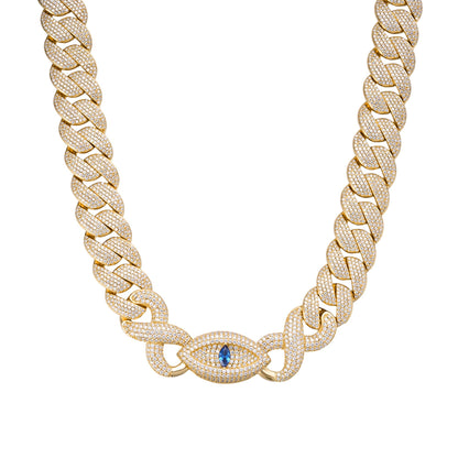 Sterling Silver Round Moissanite 18mm Inifinity Cuban With Evil Eye Designer 22 Inch Men Necklace  35 Ctw