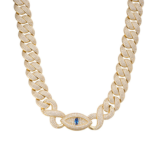 Sterling Silver Round Moissanite 18mm Inifinity Cuban With Evil Eye Designer 22 Inch Men Necklace  35 Ctw